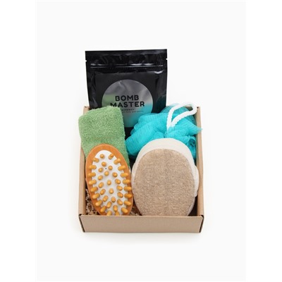 Подарочный набор «Этель» Eucaliptus, полотенце 30×60 см, мочалка, массажёр