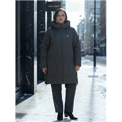 Пальто зимнее утепленное женское большого размера темно-серого цвета 7699TC