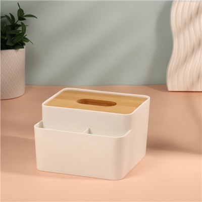 Органайзер для хранения «BAMBOO», с крышкой, 3 секции, 16×15×10 см, белый/коричневый