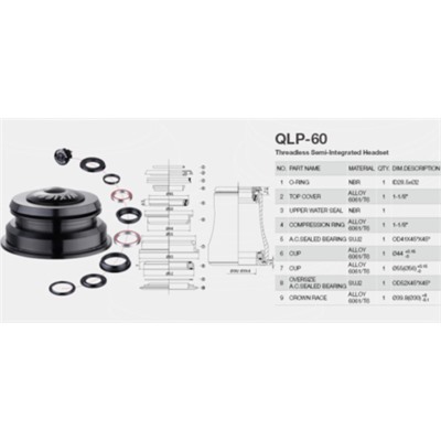 Рулевая колонка MIXIEER QLP-60 размер 1-1/8"x44x55/40мм безрезьбовая, полуинтегрированная под конусный шток, пром подшипник /уп 100/