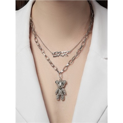 Кулон «Цепь» мишка в стразах, цвет белый в серебре, L=50 см