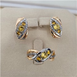 Комплект ювелирной бижутерии коллекция "Дубай" серьги и кольцо 19 р, покрытие позолота, вставка: фианиты и цирконы, цвет: желтый и прозрачный, арт.414.611-19