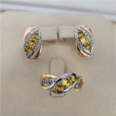 Комплект ювелирной бижутерии коллекция "Дубай" серьги и кольцо 19 р, покрытие позолота, вставка: фианиты и цирконы, цвет: желтый и прозрачный, арт.414.611-19