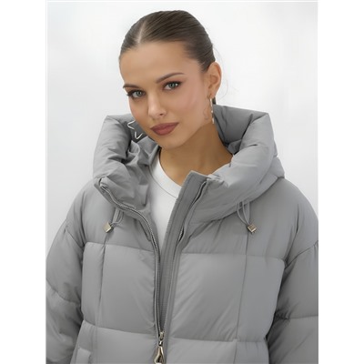 Пальто зимнее утепленное с капюшоном женское серого цвета 7741Sr