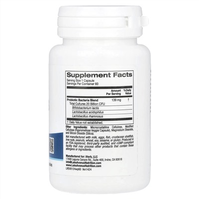 Lake Avenue Nutrition, пробиотики для женщин, 20 млрд КОЕ, 60 растительных капсул
