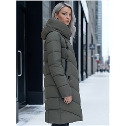 Пальто зимнее утепленное с капюшоном женское цвета хаки 1318Kh