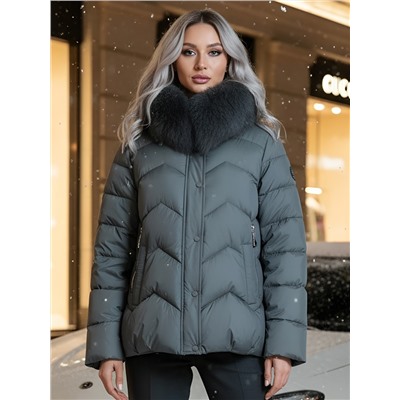 Куртка зимняя женская с мехом и капюшоном тренд темно-серого цвета 7759TC