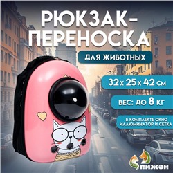 УЦЕНКА Рюкзак для переноски кошек «Кот учёный», с окном для обзора, 32×25×42 см, розовый