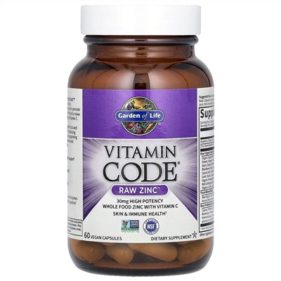 Garden of Life, Vitamin Code, RAW Zinc, 60 веганских капсул