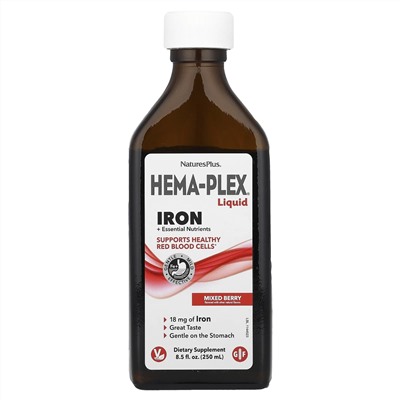 NaturesPlus, Hema-Plex® Liquid, железо и необходимые питательные вещества, ягодное ассорти, 250 мл (8,5 жидк. Унции)