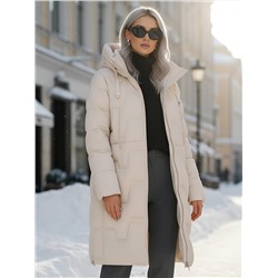 Пальто зимнее утепленное с капюшоном женское бежевого цвета 7638B