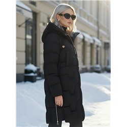 Пальто зимнее утепленное с капюшоном женское черного цвета 7638Ch