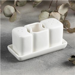 Набор для специй Magistro «Бланш», солонка 65 мл, перечница 60 мл, ёмкость для зубочисток, на подставке, фарфор, белый