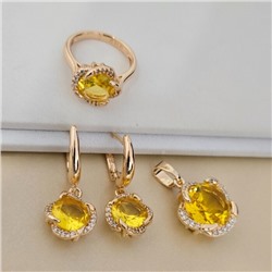 Комплект ювелирной бижутерии коллекция "Дубай" серьги, кулон и кольцо 19 р, покрытие позолота, вставка: стекло и цирконы, цвет: желтый и прозрачный, арт.414.555-19