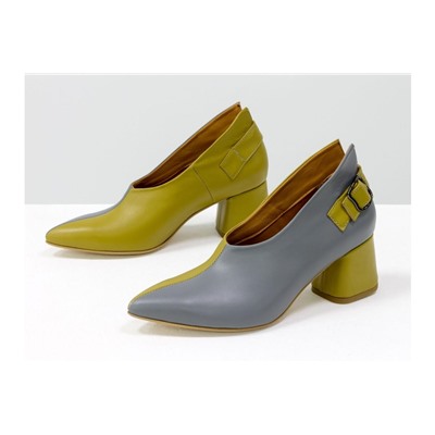 Дизайнерские туфли перчатки (glove shoes) с ремешком, на невысоком обтяжном каблуке, выполнены из натуральной итальянской кожи горчичного и серого цвета, Новая Коллекция от Gino Figini, Т-2056-04