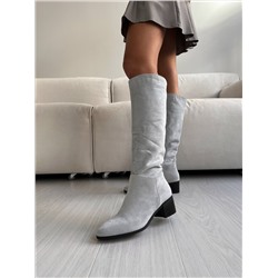 083 Сапожки пепельные на маленьком каблучке замша AL3687