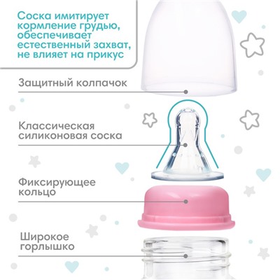 Бутылочка для кормления «Мишка малыш», классическое горло, стекло., 60 мл., от 0 мес., розовый