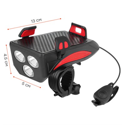 Фонарь передний COMIRON "HOLDER" ABS, IPX5; 3*T6 LED 400lm 4800mAh USB индикатор заряда POWER BANK сигнал 130Дб крепление смартфона красный /уп 20/80/