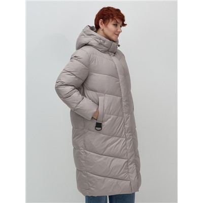 Пальто зимнее утепленное с капюшоном женское серого цвета 7623Sr