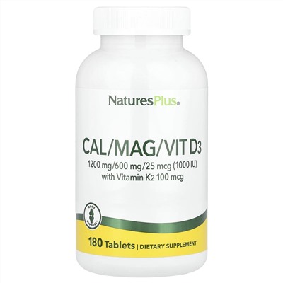 NaturesPlus, комплекс с кальцием, магнием, витаминами D3 и К2, 180 таблеток
