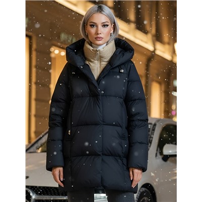 Куртка двубортная женская зимняя с капюшоном черного цвета 7736Ch