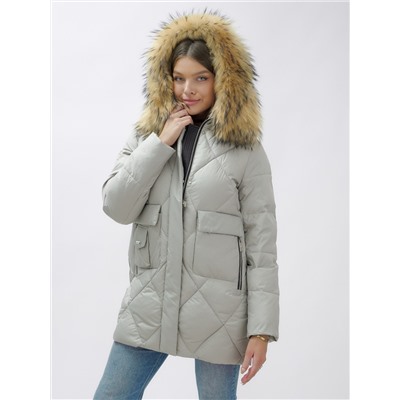 Куртка женская зимняя с мехом енот премиум класса серого цвета 3141Sr