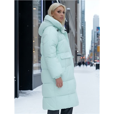 Куртка летучая мышь женская с капюшоном зимняя бирюзового цвета 9621Br