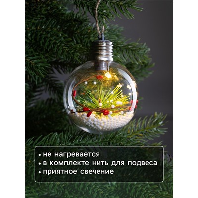 Ёлочный шар «Еловая ветка», 1 LED, от батареек, свечение тёплое белое