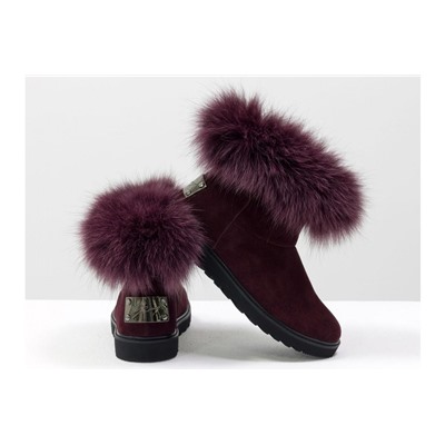 Женские ботиночки в стиле UGG из натуральной замши бордового цвета и натурального шикарного меха песца, коллекция осень-зима, Б-17113-02