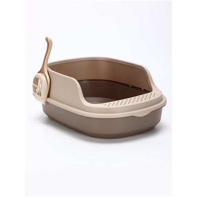 Лоток для кошек Фур-Мур 48×35.5 cм с высоким бортом + совок, Soft-touch, капучино