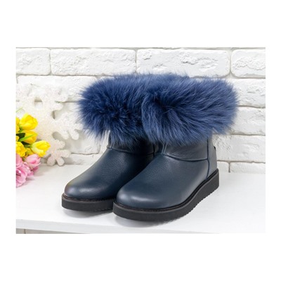 Женские ботиночки в стиле UGG из натуральной кожи флотар темно-синего цвета и натурального шикарного меха песца, коллекция Зима , Б-17113-08
