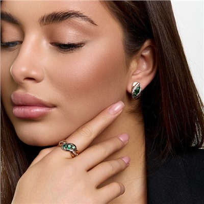 Комплект ювелирной бижутерии коллекция "Дубай" серьги и кольцо 19 р, покрытие позолота, вставка: фианиты и цирконы, цвет: зеленый и прозрачный, арт.414.618-19