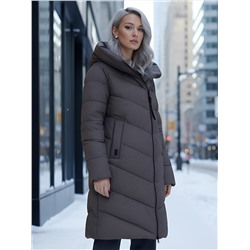Пальто зимнее утепленное с капюшоном женское темно-коричневого цвета 1318TK