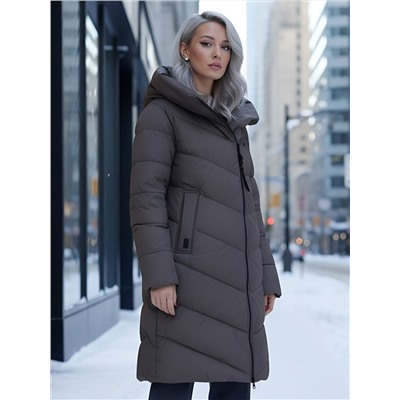 Пальто зимнее утепленное с капюшоном женское темно-коричневого цвета 1318TK