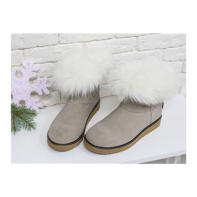 Женские ботиночки в стиле UGG из натуральной замши бежевого цвета и натурального шикарного меха песца, коллекция , Б-17113