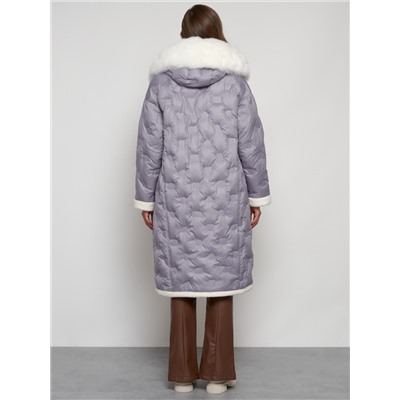 Пальто утепленное с капюшоном зимнее женское серого цвета 132290Sr