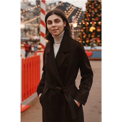 ШЕРСТЯНОЕ КЛАССИЧЕСКОЕ ПАЛЬТО МАКСИ С ПОЯСОМ, ШОКОЛАДНОЕ. АРТ. 397