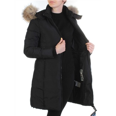 YW-17013 BLACK Пальто женское зимнее (био-пух, натуральный мех лисицы)