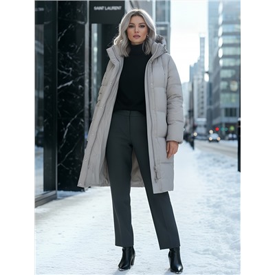 Пальто зимнее утепленное с капюшоном женское бежевого цвета 7618B