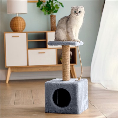 Домик для животных, с когтеточкой и полкой, джут, 32×32×64 см, серый