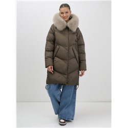 Пальто зимнее утепленное с мехом и капюшоном тренд темно-коричневого цвета 7745TK