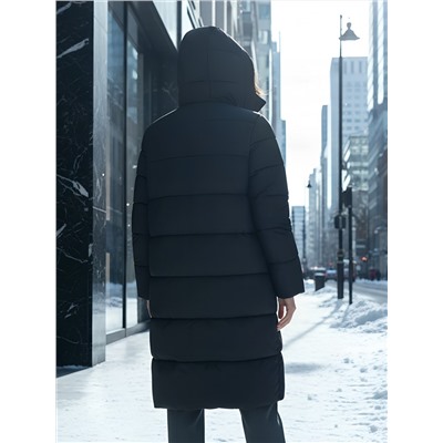 Пальто зимнее утепленное с капюшоном женское черного цвета 7623Ch