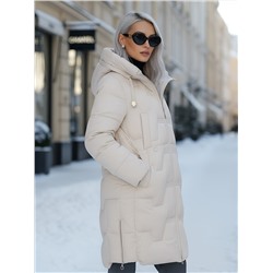 Пальто зимнее утепленное с капюшоном женское бежевого цвета 7638B