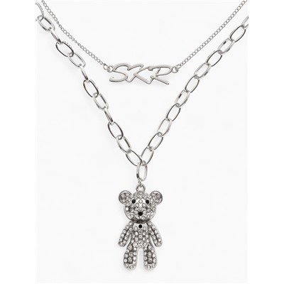 Кулон «Цепь» мишка в стразах, цвет белый в серебре, L=50 см
