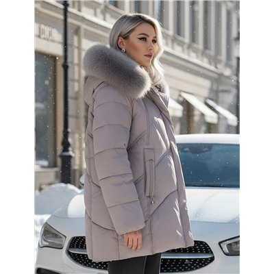 Куртка зимняя женская с мехом и капюшоном тренд светло-коричневого цвета 7656SK