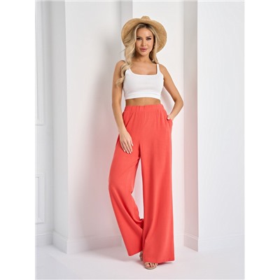 Брюки льняные кораллового цвета с карманами