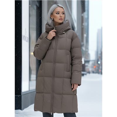 Пальто зимнее утепленное с капюшоном женское светло-коричневого цвета 7741SK