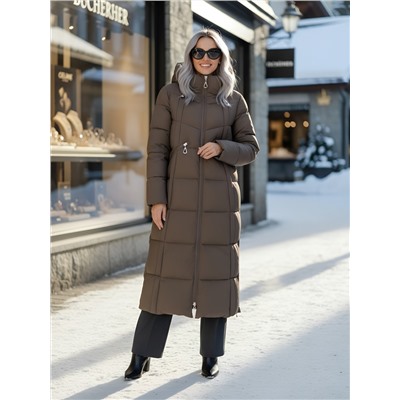 Пальто зимнее утепленное с капюшоном женское светло-коричневого цвета 7729SK