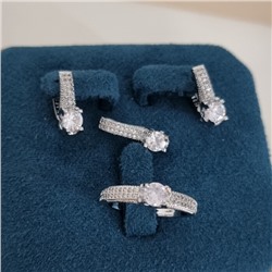 Комплект ювелирной бижутерии коллекция "Дубай" серьги, кулон и кольцо 20 р, покрытие посеребрение, вставка: фианит и цирконы, цвет: прозрачный, арт.414.665-20