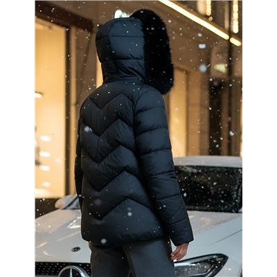 Куртка зимняя женская с мехом и капюшоном тренд черного цвета 7759Ch